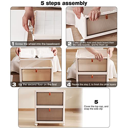 Cozyswan Stackable Boxes, Plastic Drawer Bedside Cabinet, 4-Rack Container with Wheels, Space-Saving Organizers Used for Storing Shoes, Books, Toys, Snacks, Cosmetics, Utensils