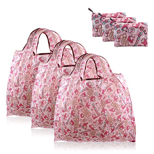 FINEX - Set of 3 - My Melody Foldable Reusable Tote Recycle Shopping Bag - Lightweight Portable Large Capacity