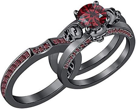 tusakha 1.26ctw Round Cut Red Garnet 14K Black Gold Plated Skull Ring-Wedding Engagement Bridal Ring Set