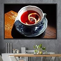 Framed Canvas Wall Art Cup of Tea Coffee Dark Drinks Farmhouse/Country Group Multicolor Photography Realism - 16x24 inches