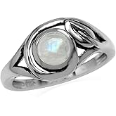 Silvershake 6mm Natural Round Shape Moonstone 925 Sterling Silver Leaf Vintage Inspired Ring