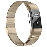 iGK Replacement Bands Compatible for Fitbit Charge 2, Stainless Steel Metal Bracelet with Unique Magnet Clasp Champagne Small