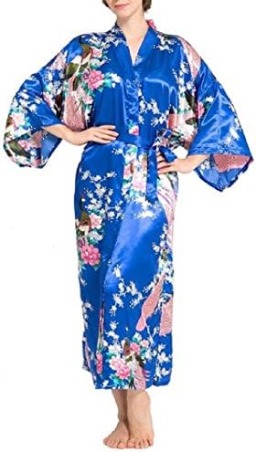 SexyTown Women's Long Floral Peacock Kimono Robe Satin Nightwear with Pockets