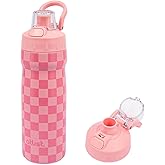 ATLIST Kids Water Bottle with Straw 18 oz - Stainless Steel Insulated Tumbler for Gym & Bike (Fits Holders) - Leak Proof Pop-Up Lid, 2-in-1 Sip or Chug, Handle & Cute Pink Checkered Print