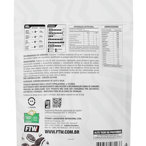 FTW 100% Whey Protein com Proteína Concentrada WPC, para Atletas com Alto Valor Biológico, Suplemento Pós-Treino Sem Glúten - Refil 1kg (Cookies)