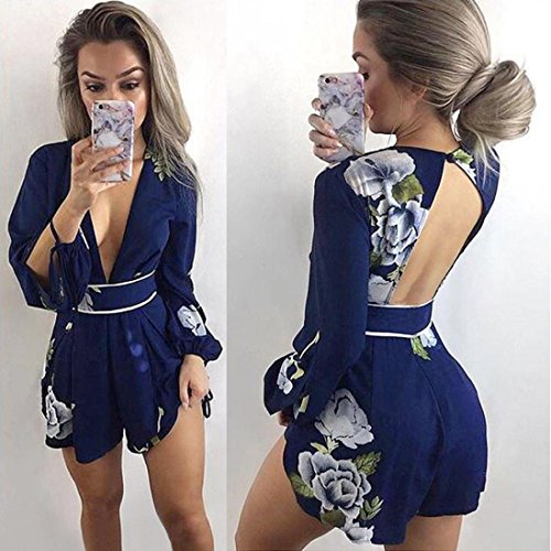 Click Here to See More Images Jumpsuit Women Summer Casual Ladies Floral Prints Backless Cozy Clubwear Bodycon Playsuit Romper (S)