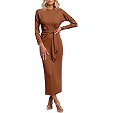 Cicy Bell Womens Long Sleeve Maxi Dress Bodycon Tie Waist Fall Elegant Crew Neck Cocktail Party Dress