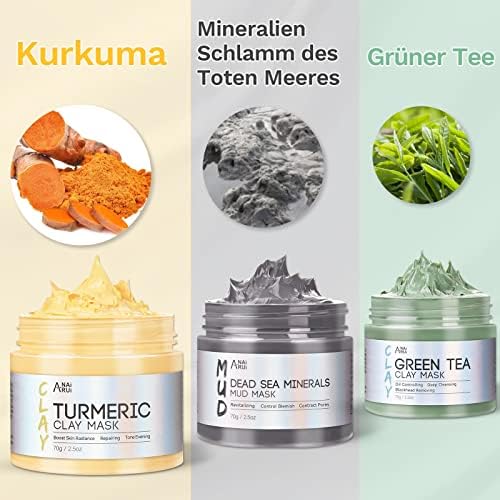 Kurkuma Gesichtsmaske - Grüner Tee Ton Maske - Totes Meer Mineralien Schlamm Masken, Spa Gesichtsmasken Set für Tiefenreinigung, Entgiftung, Akne und Mitesser, 210 g