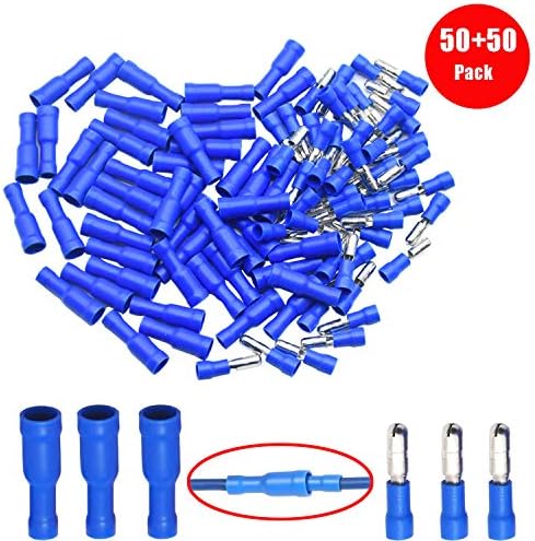 Yosawo 100-pieces Insulated Male/Female Bullet Quick Splice Wire Connector Electrical Crimp Terminal 16-14AWG Blue (ZDL)