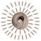 Z&S Groups Mini Clothespins Interior Decorating-Natural Wooden Photo Paper Peg Pin Graft Clips-Wooden Clothespins 50 Pieces with Jute Twine-Natural Twine 295ft.