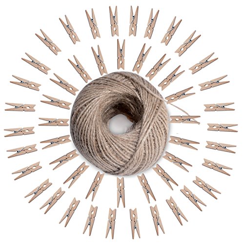 Z&S Groups Mini Clothespins Interior Decorating-Natural Wooden Photo Paper Peg Pin Graft Clips-Wooden Clothespins 50 Pieces with Jute Twine-Natural Twine 295ft.