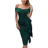 CurvySweet Women's Off The Shoulder Formal Evening Midi Dress Built-in Bra Bodycon Ruched Slit Elegant Holiday Cocktail Party