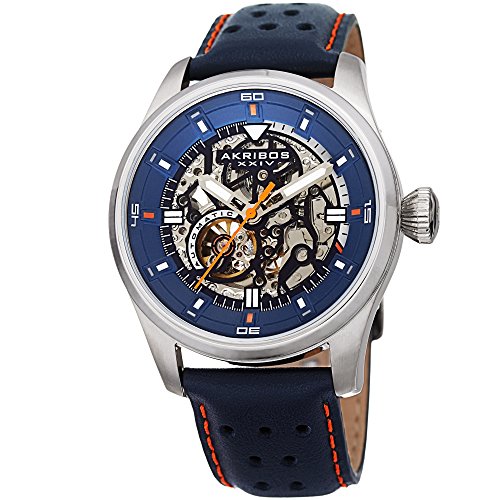 Akribos XXIV Men's AK1010 Automatic Skeltonized Perforated Leather Strap Watch (Silver/Blue)