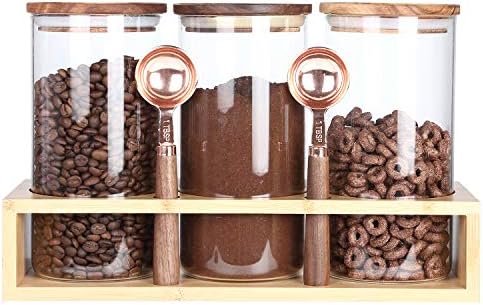 Kkc ホウケイ酸ガラスキャニスター キッチンカウンター用 ガラスストレージジャー スプーン付き 密閉カウンタートップガラスストレージコンテナ 木製蓋付き コーヒー豆 クッキー 39フロズ用 3個パック