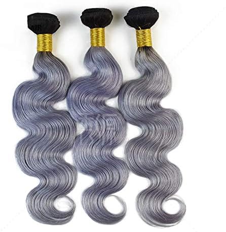 JIAFA 100% Human Hair Extensions Ombre 1B Grey Dark Root Body Wave Brazilian Hair Weave Weft Silver Gray 1 Bundle 100g (1B/Grey)