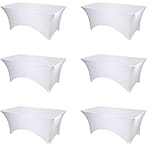 BRILLMAX 6 Pack White Spandex Table Covers for 6 Ft Rectangle Tables - 180 GSM Thick Stretch Tablecloth Fitted, Reinforced Foot Pockets, Wrinkle Free Cloth for Wedding Banquet Party Trade Show