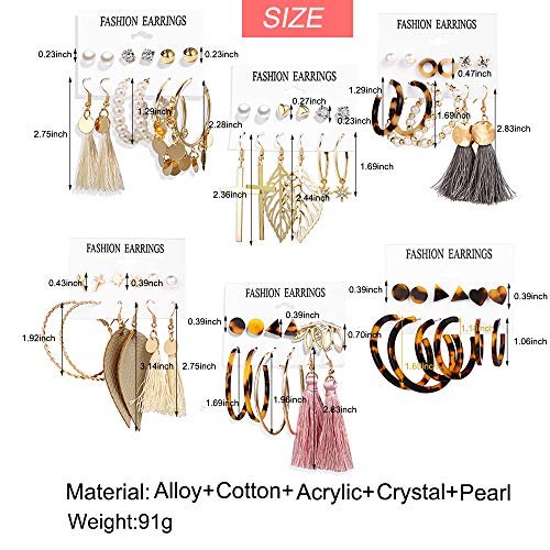 36 Pairs Fashion Earrings Set with Tassel for Women Girls Gold Cross Dangle Leaf Earrings Bohemian Acrylic Hoop Stud Earrings for Birthday/Party/Dinner/Christmas - Thumbnail 3