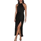BEOVR 2026 Summer Satin Halter Neck Backless Slit Midi Dresses Elegant Cowl Back Ruched Wedding Guest Maxi Dress for Women