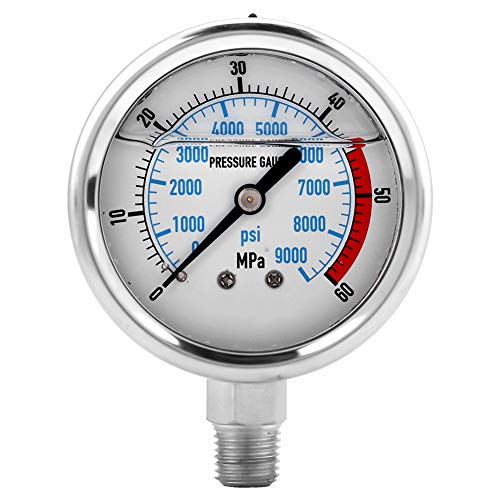 Hydraulic Pressure Gauge, 60MPA/9000PSI Base Entry NPT1/4 Pressure Gauge