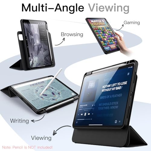 JETech Detachable Magnetic Case for iPad Pro 11 Inch M5/M4 (2025/2024) with Pencil Holder, Removable Rotating Clear Case, Portrait/Landscape Stand (Black)