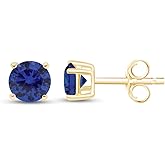Birthstone Stud Earrings for Women, 5mm Round Simulated Gemstone Studs in 14K Yellow Gold Plated 925 Sterling Silver Push Back Earrings, Jewelry Gift for Her (1 Ctw)