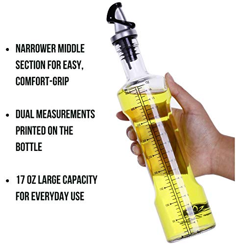 Premium Oil and Vinegar Dispenser Set in Stainless Steel Rack - BPA-Free Olive Oil Dispenser with Self-Closing Covered Spout - 17oz Round Slim Bottle Design & Dual OZ/ML Markings - Bonus Refill Funnel