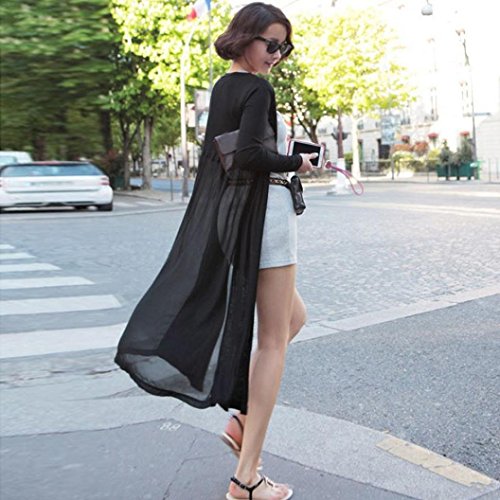 Snowfoller Clearance Women Long-Sleeved Cardigan Jacket Bohemian Style Beach Chiffon Long Cover UPS Kimono Coat Tops (Free Size, Black)