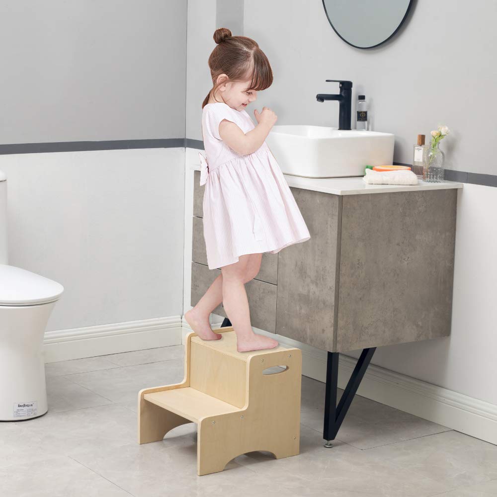 Wooden Toddler Step Stool for Kids, WOOD CITY Bathroom Potty Stool & Kitchen Stool, Two Step Stool for Bedroom, Children's Stool with Handles and Safety Non-Slip Pads : Baby