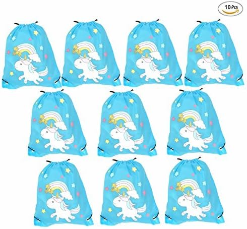 Alemon Unicorn Party Bags Supplies for Kids, Rainbow Unicorn Drawstring Backpack Bulk Set of 10