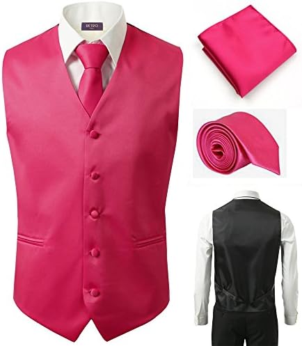 3 Pcs Vest + Tie + Hot Pink Hankie Fashion Men's Formal Dress Suit Waistcoat