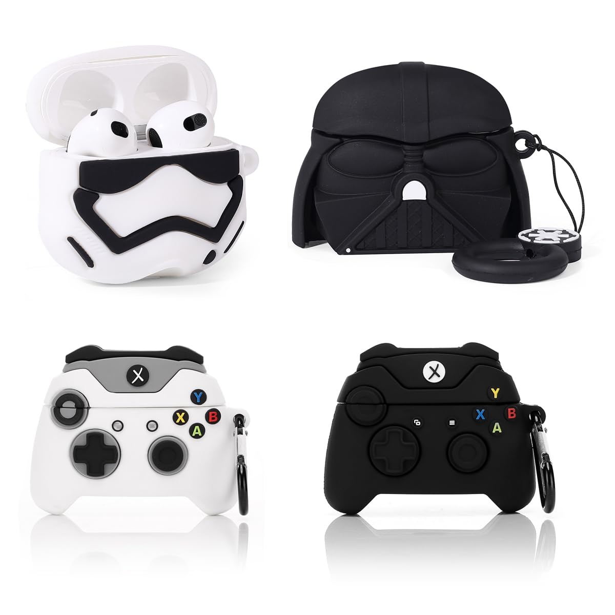 Photo 1 of (4Pack) Case for AirPods 3rd Generation Earbuds (2022), XMBYGY Silicone Charging Case Protective Cover with Cute Cartoon Skin Design for AirPods 3, with Carabiner (BKsoldier+WT+GamepadBK+Wht)
