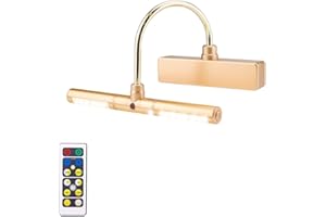 BIGLIGHT Wireless Battery Operated LED Picture Light with Remote, Rotatable Light Heads of 3 Lighting Modes, Dimmable Display Lamp with Timer for Painting Photo Portrait Art, 8.8", Gold