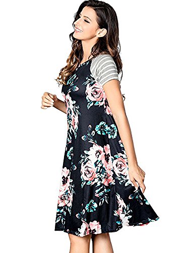 Poptem Womens Midi T-Shirt Dresses Short Sleeve A-Line Ruffles Floral Print Casual Summer Beach Loose Sundresses