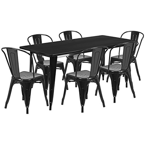 Flash Furniture 31.5” x 63” Rectangular Black Metal Indoor-Outdoor Table Set with 6 ...