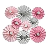 Mybbshower Pink Silver Paper Rosettes Birthday Party Fan Candy Buffet Home Decor Pack of 9