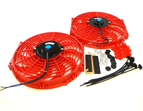 Set of 2 Universal 12 inch Slim Fan Push Pull Electric Radiator Cooling 12V Mount Kit Red - Thumbnail 3