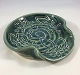 Spoon Rest, Ceramic Spoon Rest with Dahlia Carving in Teal