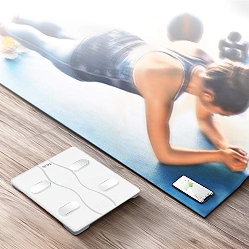 iTeknic Bluetooth Body Fat Scale, Smart BMI Weight Scale Digital Body Composition Analyzer with iOS and Android APP, 2 Frequency, 13 Datum Graph, Unlimited Users, 400lb Large Tempered Glass, White