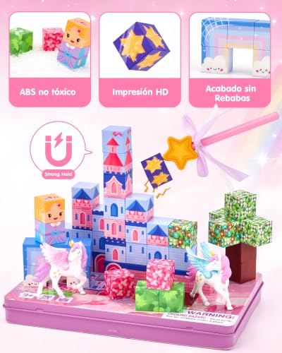 hahaland Construcciones Magneticas de Viaje, Unicornio Cubos Magneticos | 50 Piezas Magneticas Niños con 2 Unicornio, Juego Imanes Creativo, Bloques Magneticos Construccion para Niños 3 4 5 6 años