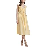 Women's Summer Sleeveless Midi Tank Dress Beach Vacation Smocked Milkmaid Dresses Flowy V Neck Sundress with Pockets