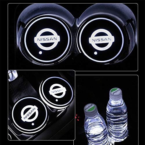 2pcs LED Car Logo Cup Holder Pads 7 Colors Changing USB Charging Mats Bottle Coasters Car Atmosphere Lamps (Nissan)