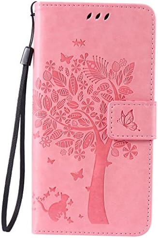 LG K8 Case[With Tempered Glass Screen Protector],Fatcatparadise[Kickstand] Retro Flip Case, Elegant Vintage Pressed Tree Cat Butterfly Pattern Design PU Leather Protective Case Cover for LG K8(Pink)