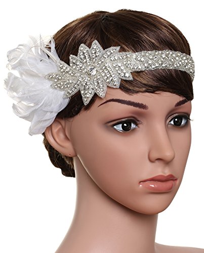 BABEYOND Women's Ribbon Headpiece Vintage Headband 1920 Feather Flapper Headband Wedding Headbands for Bride Full Crystal Beads