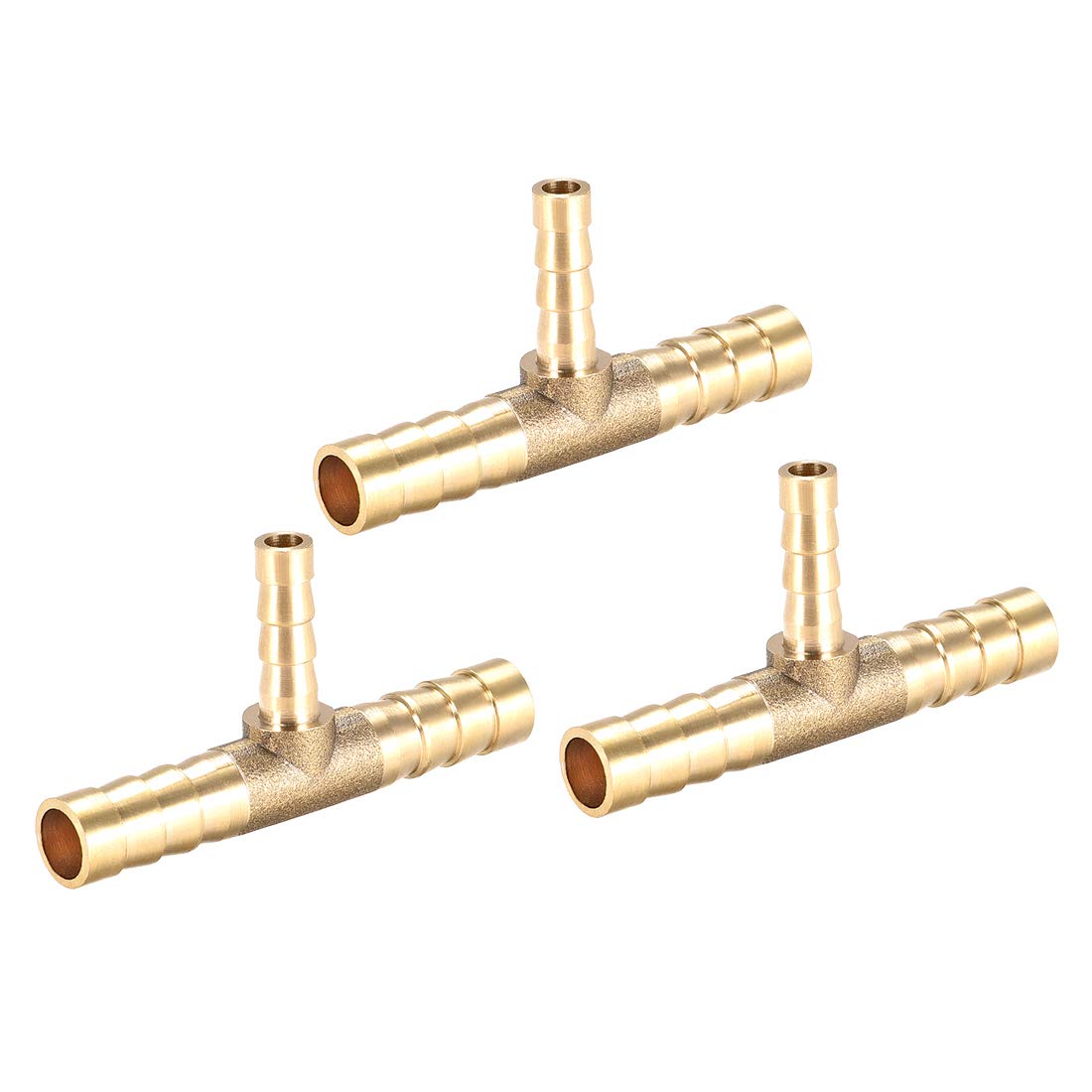 sourcing map Tee Brass Barb Fitting Reducer 3 Way, Fit Hose ID 8mm x 5mm x 8mm 3pcs