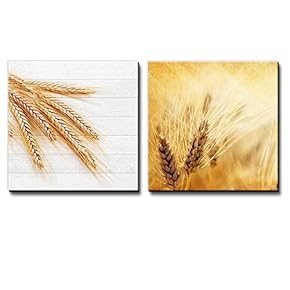 Branches of Wheat Over White Wooden Panels Along with a Field of Wheat Over a Vibrant Gold Background - Canvas Art Home Art - 12x12 inches