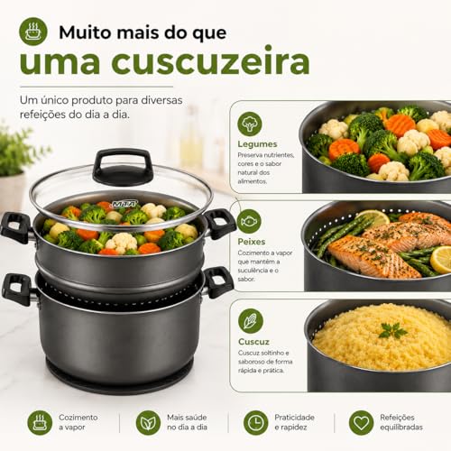 Cuscuzeira Antiaderente MTA Cristal 20cm 3,2L + Base de Silicone | Panela a Vapor para Legumes, Peixes, Vegetais e Cuscuz | Tampa de Vidro