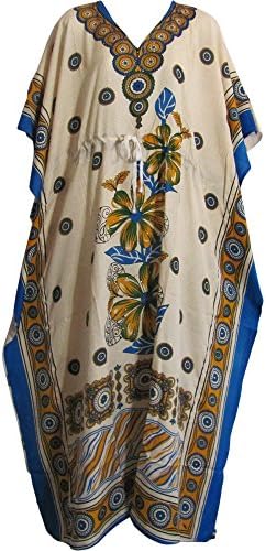 Yoga Trendz Bohemian Crepe Caftan Cover-Up Hippie Gypsy Chic #78 Beige/Blue Floral
