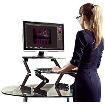 WorkEZ Standing Desk Converter for Laptops ergonomic adjustable height sit to stand up desktop stand riser topper small lightweight portable aluminum computer macbook negative tilt keyboard tray,black
