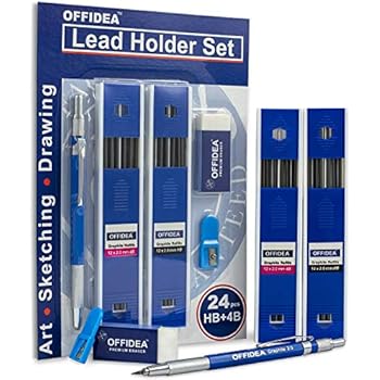 Offidea 2mm Lead Holder Set - Professional Mechanical Drafting Pencil - 12xHB and 12x4B Lead Refills - 2mm Lead Pointer and Soft Eraser - Perfect Clutch Pencil for Sketching and Drawing
