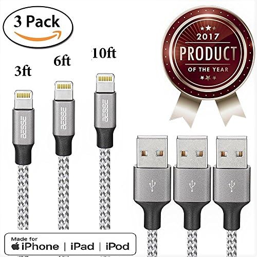 iPhone Charger Cable - Lightning Cable ➥Bonus Cable Organizer ➥ 3Pack 3FT 6FT 10FT - Nylon Braided Lightning USB Cable Cord Powerline for X/ 8 /8plus 7 /7 Plus 6/ 6S/ 6 Plus 5S/SE iPod iPad